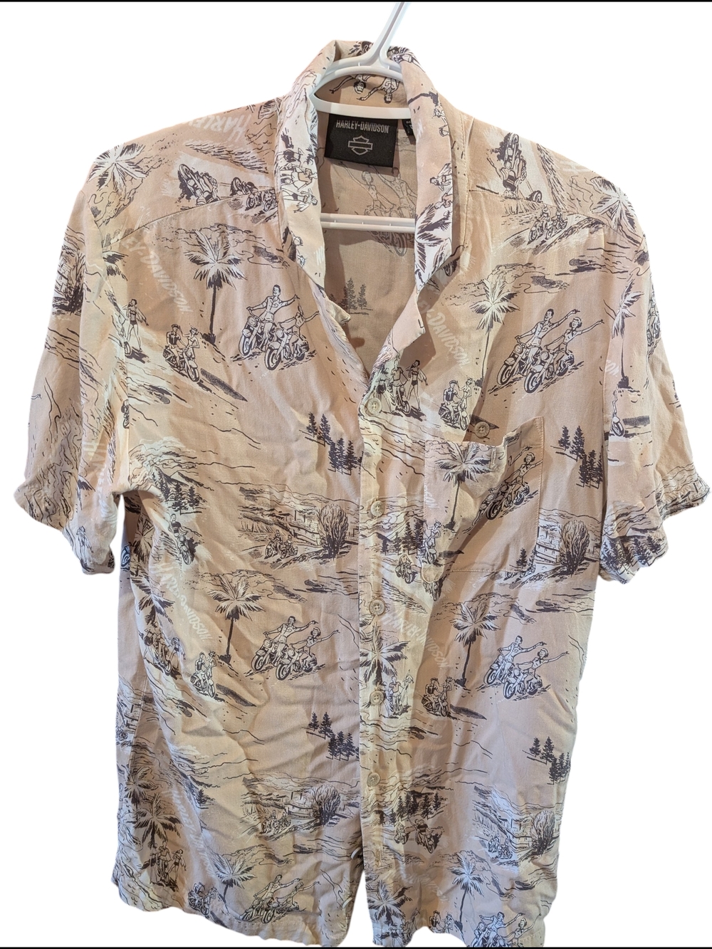 Harley-Davidson Tan Short-Sleeve Button-Up Shirt with Black Scenic Print